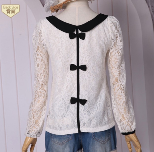 White lace women blouses with black collar - Click Image to Close